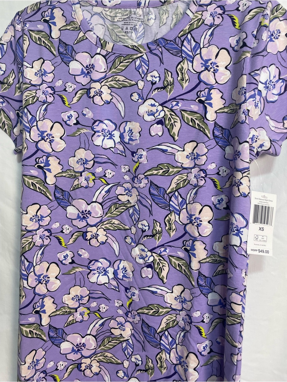 Vera Bradley Short Sleeved Pajama Lounge Nightshirt Size XS Wild Roses Lavender
